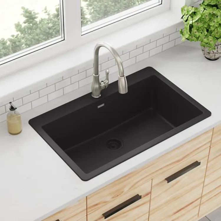 Elkay Quartz Classic Black 33in x 20-7/8in x 9-7/16in Drop-in with Rear Center Drain, Single Bowl Sink - ELGR13322BK0
