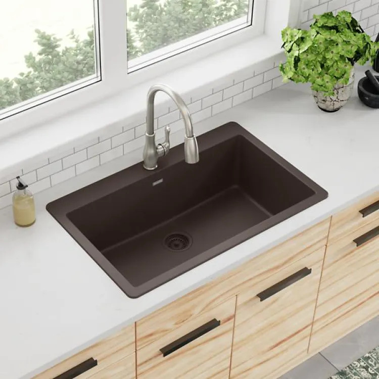 Elkay Quartz Classic Mocha 33in x 20-7/8in x 9-7/16in Drop-in with Rear Center Drain, Single Bowl Sink - ELGR13322MC0