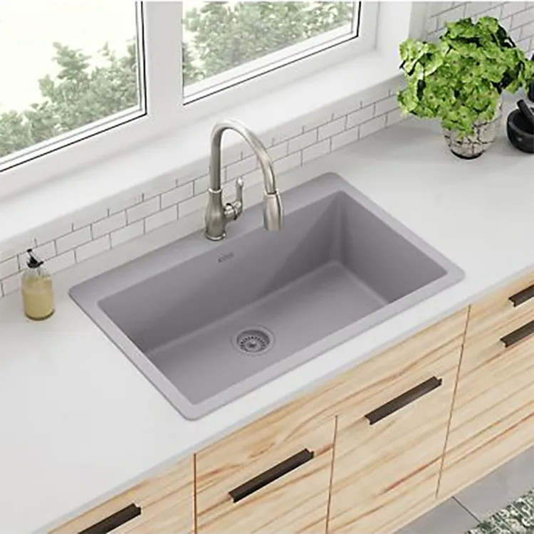 Elkay Quartz Classic Greystone 33in x 20-7/8in x 9-7/16in Drop-in with Rear Center Drain, Single Bowl Sink - ELGR13322GS0