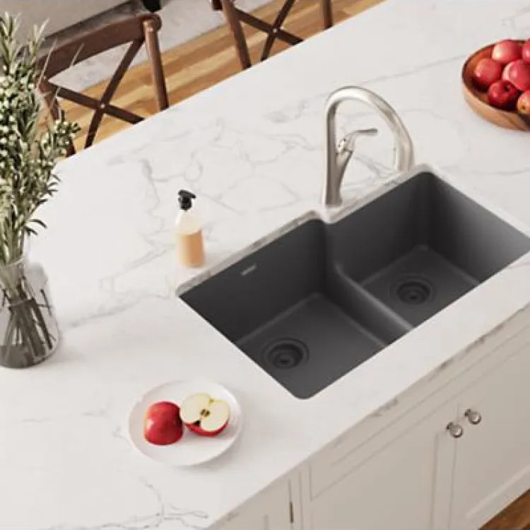 Elkay Quartz Classic Dusk Gray 60/40 Double Bowl Sink, 33in x 22in Undermount Kitchen Sink with Aqua Divide and Rear Center Drain - ELGULBO3322GY0