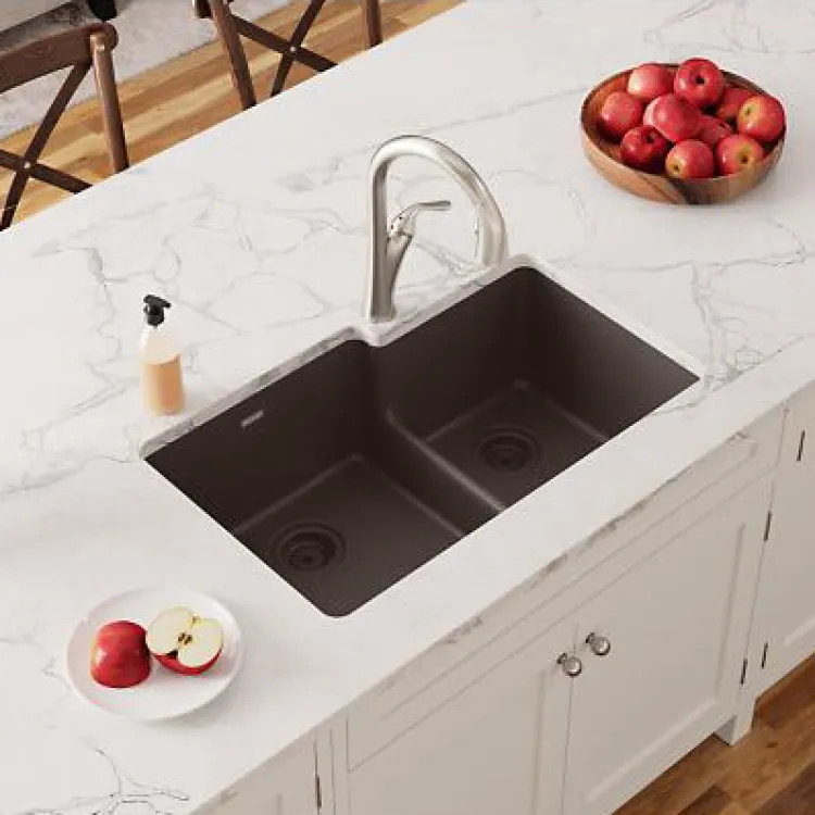 Elkay Quartz Classic Mocha 60/40 Double Bowl Sink, 33in x 22in Undermount Kitchen Sink with Aqua Divide and Rear Center Drain - ELGULBO3322MC0