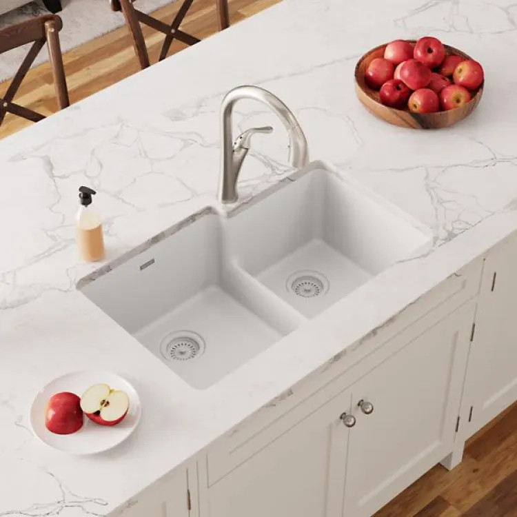 Elkay Quartz Classic White 60/40 Double Bowl Sink, 33in x 22in Undermount Kitchen Sink with Aqua Divide and Rear Center Drain - ELGULBO3322WH0 