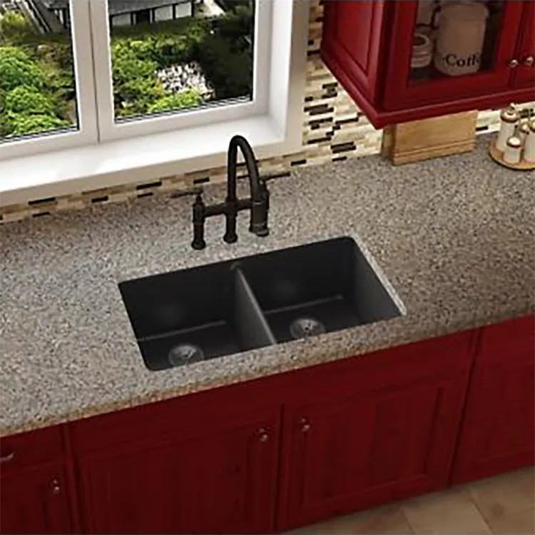 Elkay Quartz Luxe Caviar 33in x 19in x 10in Double Bowl Undermount Kitchen Sink, Rear Center Drain - ELXU3322CA0