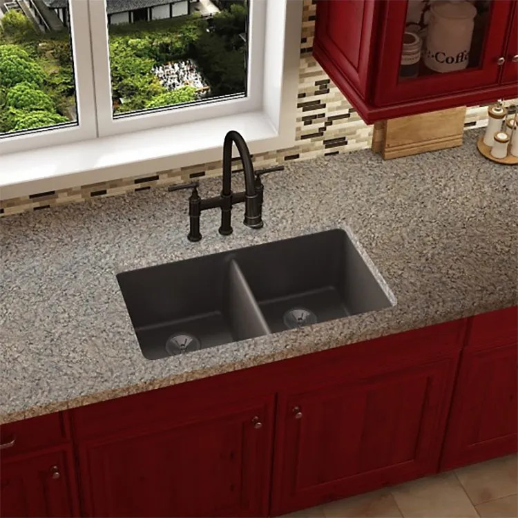 Elkay Quartz Luxe Chestnut 33in x 19in x 10in Double Bowl Undermount Kitchen Sink, Rear Center Drain - ELXU3322CN0