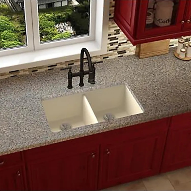 Elkay Quartz Luxe Parchment 33in x 19in x 10in Double Bowl Undermount Kitchen Sink, Rear Center Drain - ELXU3322PA0