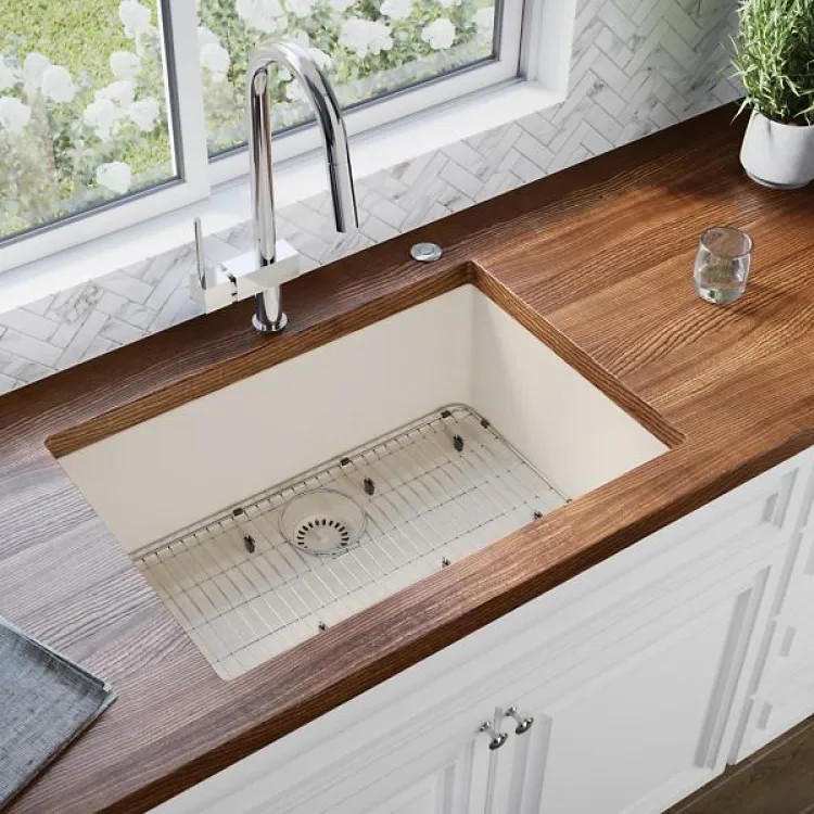 Elkay Quartz Luxe Parchment 33in x 18-7/16in x 9-7/16in Single Bowl Undermount Sink with Rear Center Drain - ELXRU13322PA0