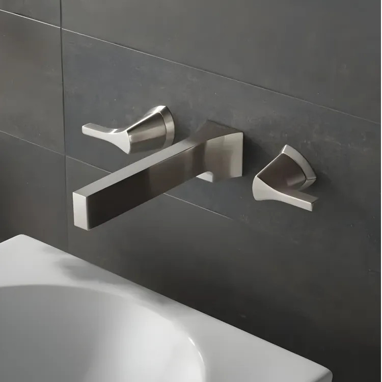 Delta Zura Wall-Mount Stainless Lavatory Faucet for 8" Centers, Less Drain, 1.2 GPM, Two-Handle, Lever Handles, Less Rough-In - T3574LF-SSWL