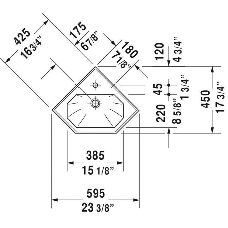 Duravit 07934200001 1930 Series 23 3/8" Wall Mount Bathroom Sink with Overflow and Tap Platform 
