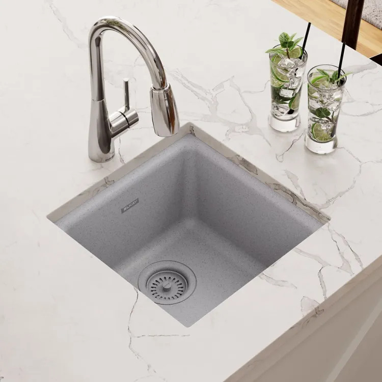 Elkay Quartz Classic Greystone 15-3/4in x 15-3/4in x 7-11/16in Dual Mount Single Bowl Sink with Rear Center Drain - ELG1616GS0