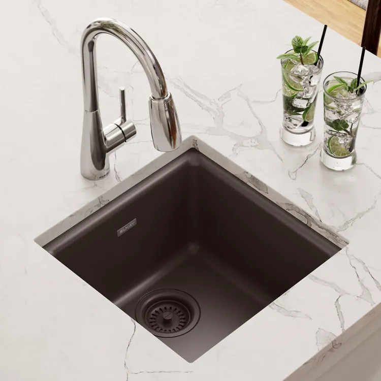 Elkay Quartz Classic Mocha 15-3/4in x 15-3/4in x 7-11/16in Dual Mount Single Bowl Sink with Rear Center Drain - ELG1616MC0