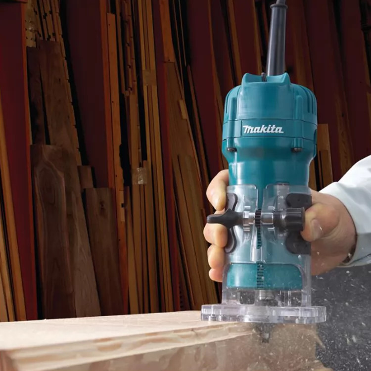 Makita 1/4" Corded Fixed Base Laminate Trimmer with Collet Cone, Guides, and Wrenches, 4 AMP, 30000 RPM - 3709