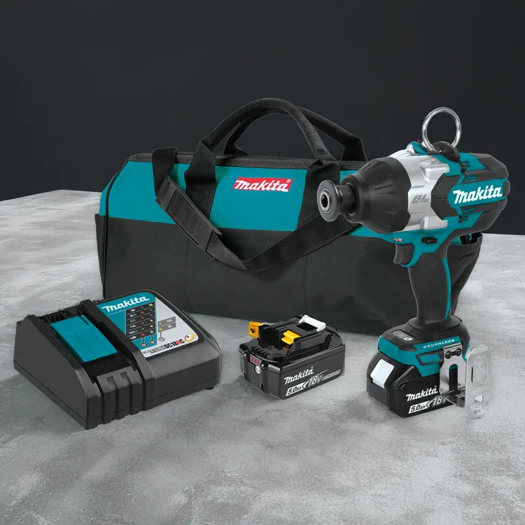 Makita 18V LXT Lithium-Ion Brushless Cordless High Torque 7/16" Hex Impact Wrench Kit with 2-Pack 5.0Ah Battery, Charger, and Tool Bag - XWT09T