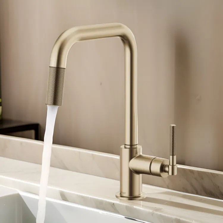 Brizo Litze Series Brilliance Luxe Gold Pull-Down Single-Handle Faucet with Swivel Spout and Knurled Handle, 1.8 GPM - 63053LF-GL