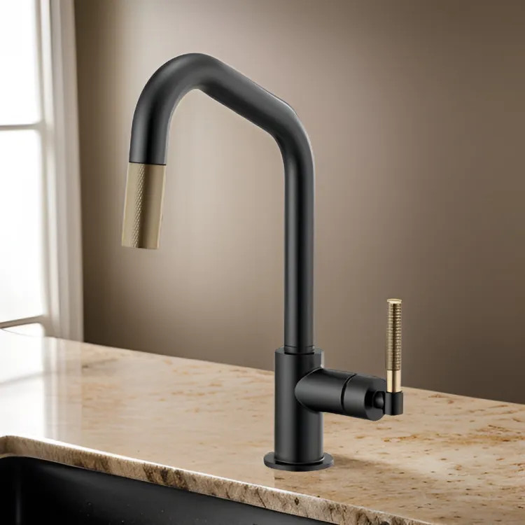 Brizo Litze Matte Black/Brilliance Luxe Gold Pull-Down Kitchen Faucet with Angled Spout and Knurled Handle - 63063LF-BLGL