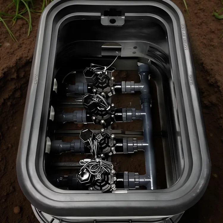 4-Valve Sprinkler Manifold Setup with Box and Base - Rain Bird 1" Valves with Flow Control and Box, 1" Dura Manifold, and Orbit Platform (100DVF-DMF4-BOX)