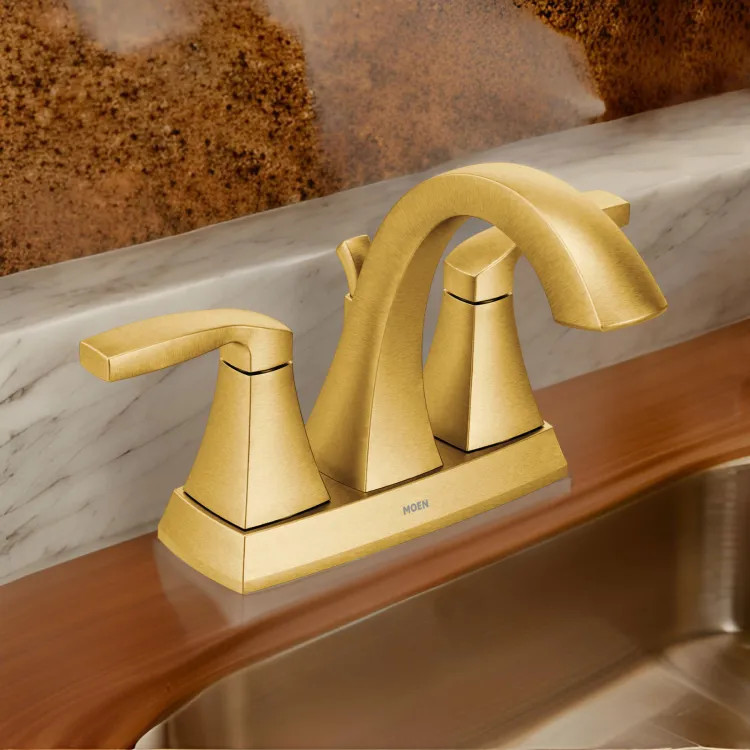 Moen Voss Two-Handle High Arc Centerset Brushed Gold Bathroom Sink Faucet with Metal Pop-Up Drain and Lift Rod Assembly, 1.2 GPM, Lever Handles - 6901BG