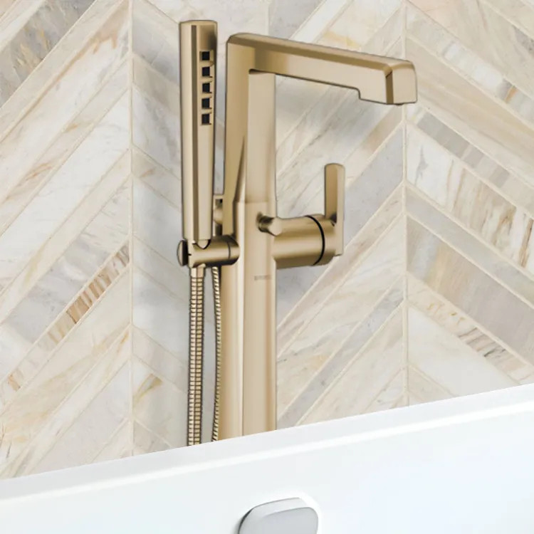 Brizo Levoir Single-Handle Freestanding Tub Filler with H2Okinetic Hand Shower, 1.75 GPM, Lever Handle, ADA, Brilliance Luxe Gold - T70198-GL