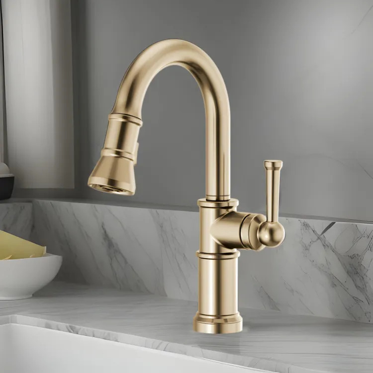 Brizo Artesso Single-Handle Pull-Down Prep Faucet w/ 2-Function Sprayer, DIAMOND Seal, MagneDock, 1.8 GPM, Brilliance Luxe Gold - 63925LF-GL