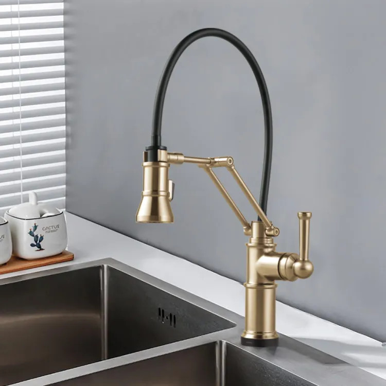Brizo Artesso Single-Handle Articulating Kitchen Faucet w/ 2-Function Sprayer, SmartTouch, MagneDock, 1.8 GPM, Brilliance Luxe Gold - 64225LF-GL