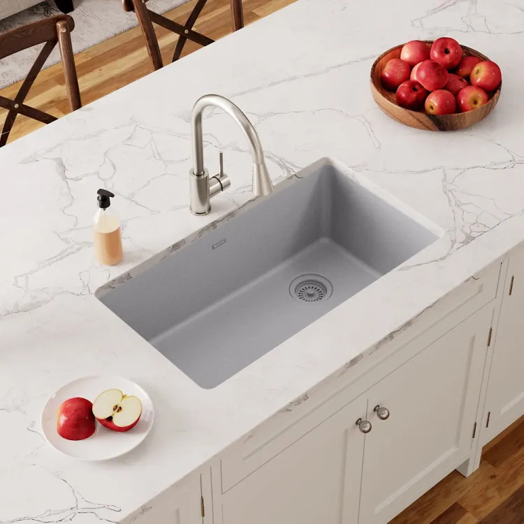 Elkay Quartz Classic Greystone 33in x 19in Single Bowl Undermount Kitchen Sink with Rear Right Drain - ELGU13322GS0