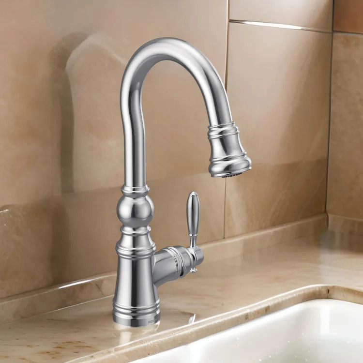 Moen Weymouth Single Handle High Arc Pull-Down Bar/Prep Faucet, Chrome - S53004