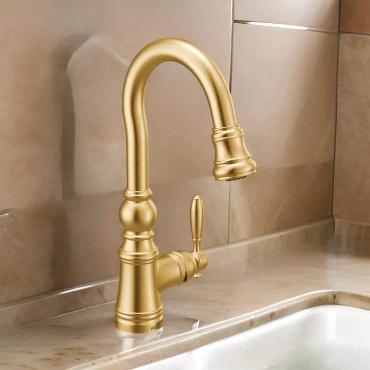 Moen Weymouth Single Handle High Arc Pull-Down Bar/Prep Faucet, Brushed Gold - S53004BG