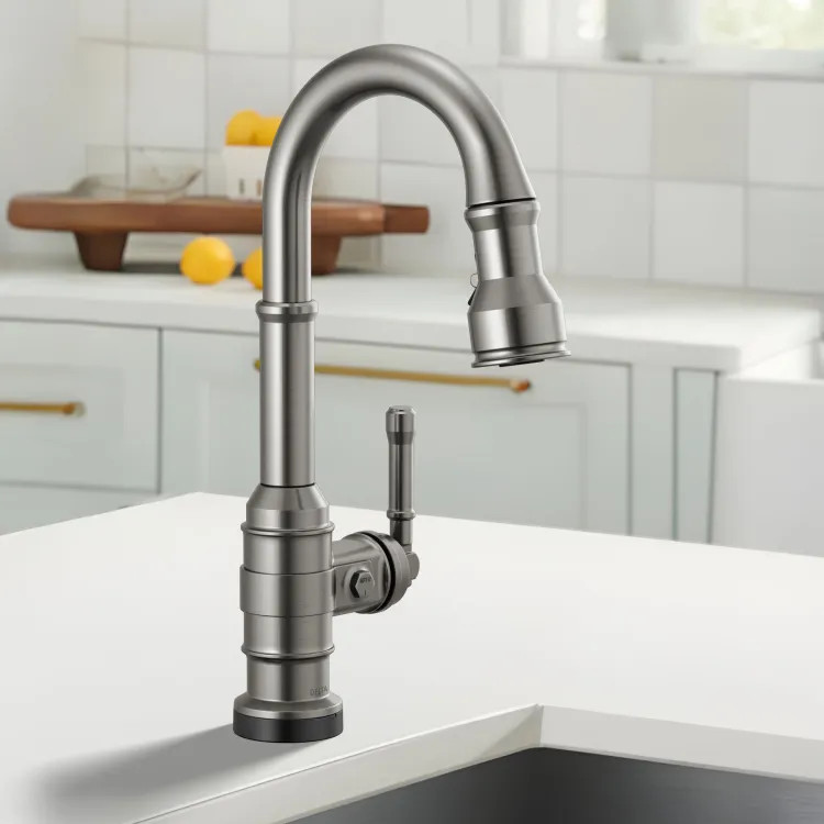 Delta Broderick Single Handle Pull-Down Bar/Prep Faucet, Touch2O, Diamond Seal, MagnaTite, ADA, 1.8 GPM, Black Stainless - 9990T-KS-DST