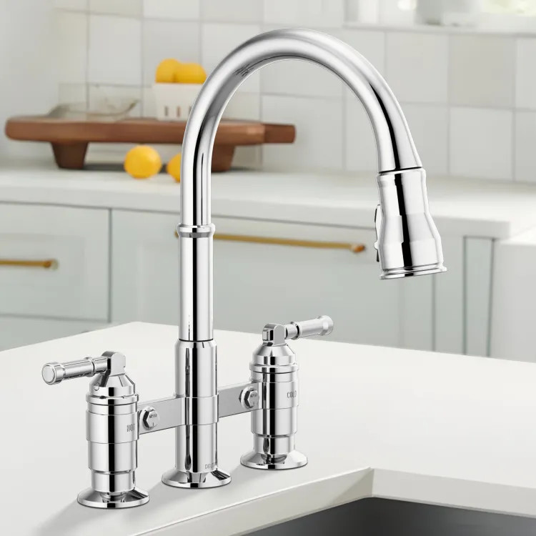Delta Broderick Two Handle Pull Down Bridge Kitchen Faucet, DIAMOND Seal, ShieldSpray, MagnaTite, ADA, 1.8 GPM, Chrome - 2390L-DST