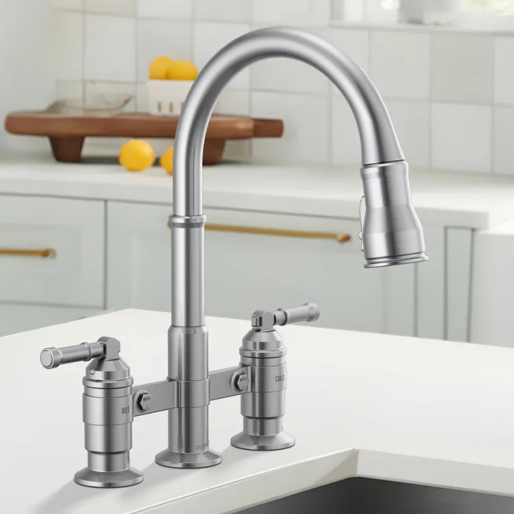 Delta Broderick Two Handle Pull Down Bridge Kitchen Faucet, DIAMOND Seal, ShieldSpray, MagnaTite, ADA, 1.8 GPM, Arctic Stainless - 2390L-AR-DST