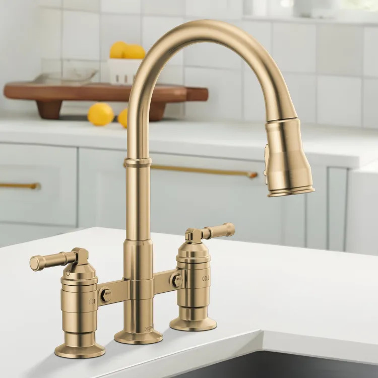 Delta Broderick Two Handle Pull Down Bridge Kitchen Faucet, DIAMOND Seal, ShieldSpray, MagnaTite, ADA, 1.8 GPM, Champagne Bronze - 2390L-CZ-DST