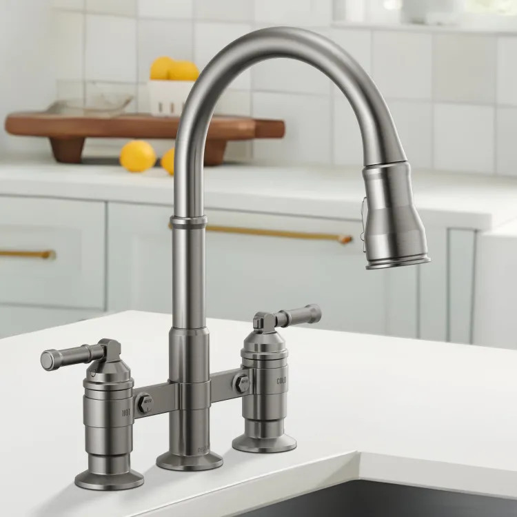 Delta Broderick Two Handle Pull Down Bridge Kitchen Faucet, DIAMOND Seal, ShieldSpray, MagnaTite, ADA, 1.8 GPM, Black Stainless - 2390L-KS-DST