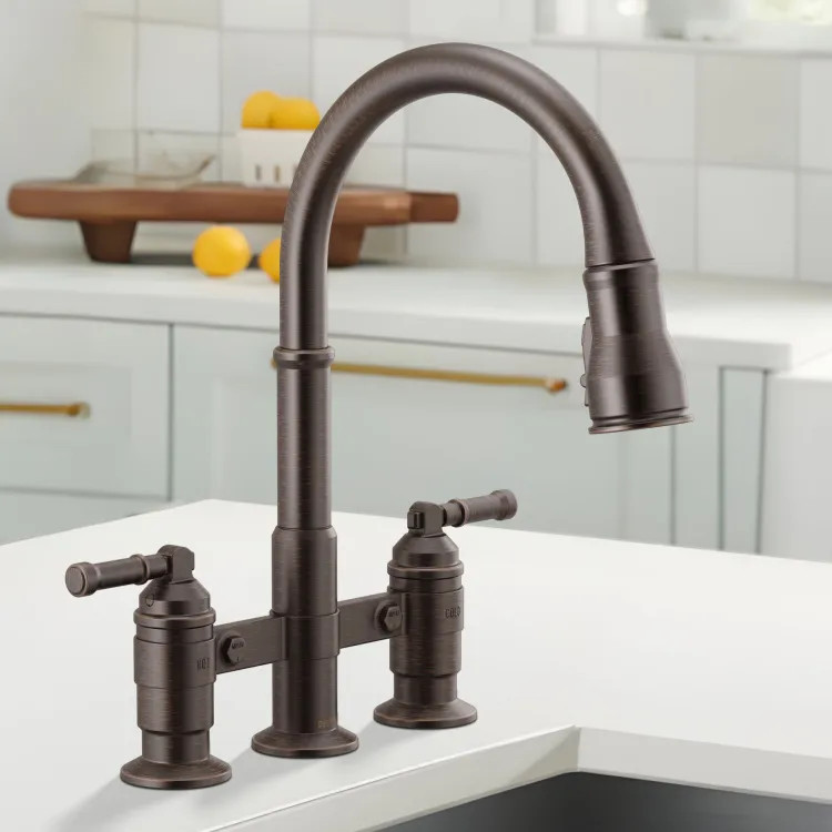 Delta Broderick Two Handle Pull Down Bridge Kitchen Faucet, DIAMOND Seal, ShieldSpray, MagnaTite, ADA, 1.8 GPM, Venetian Bronze - 2390L-RB-DST