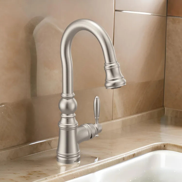 Moen Weymouth Single Handle High Arc Pull-Down Bar/Prep Faucet, Spot Resist Stainless - S53004SRS