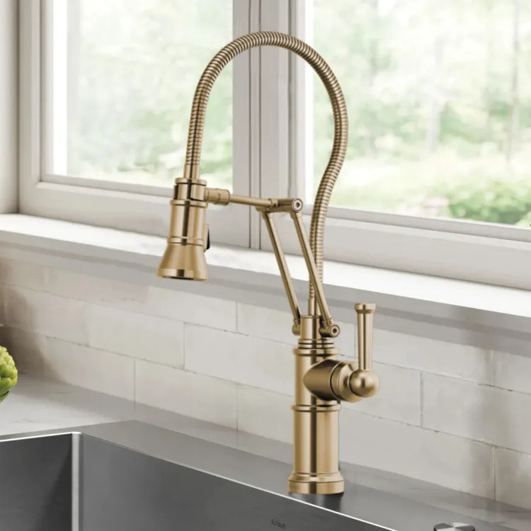 Brizo Artesso Single-Handle Articulating Kitchen Faucet w/ Finished Hose, 2-Function Sprayer, MagneDock, 1.8 GPM, Brilliance Luxe Gold - 63125LF-GL