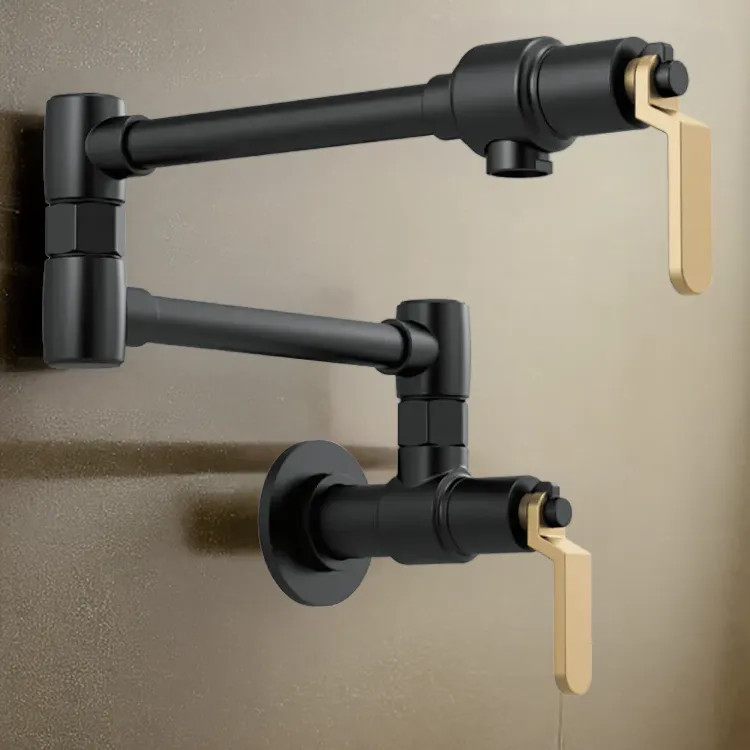 Brizo Litze 20" Wall Mount Pot Filler with Industrial Handles, ADA-compliant, Matte Black/ Brilliance Luxe Gold - 62844LF-BLGL