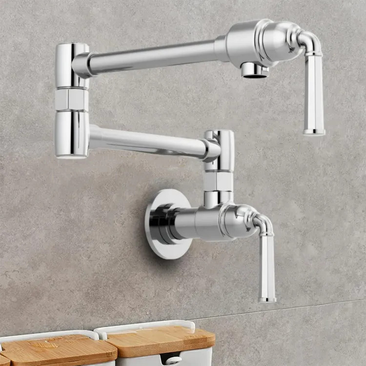 Brizo Rook Two-Handle Wall-Mount Pot Filler with Dual-Jointed Swing Spout, 4 GPM, Polished Chrome - 62874LF-PC