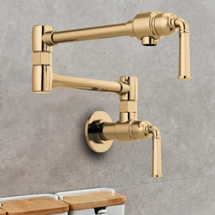 Brizo Rook Two-Handle Wall-Mount Pot Filler with Dual-Jointed Swing Spout, 4 GPM, Brilliance Polished Gold - 62874LF-PG