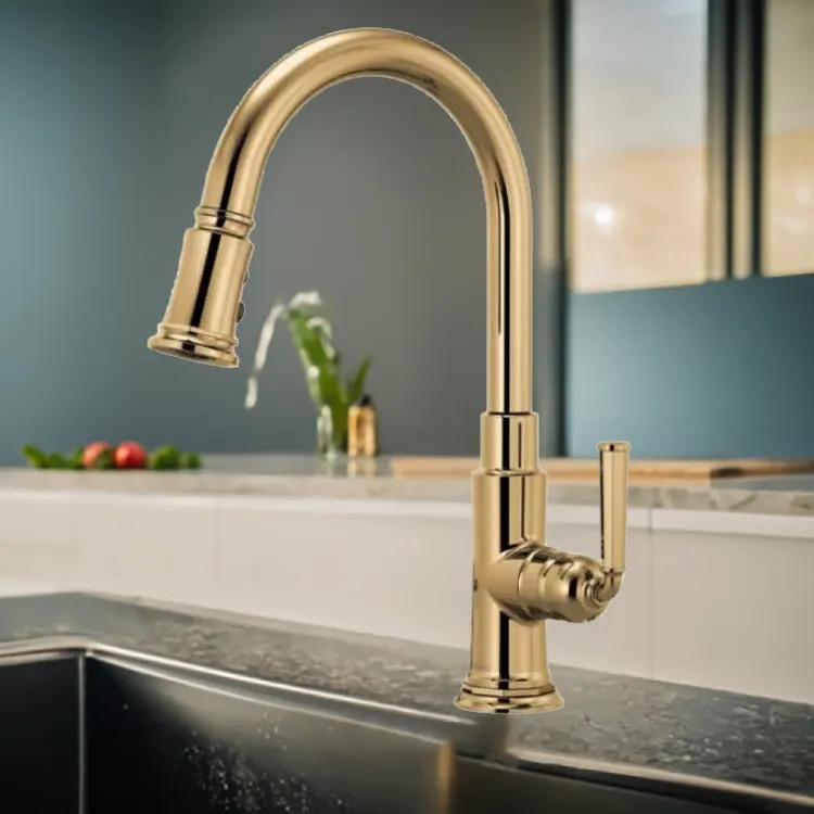 Brizo Rook Pulldown Kitchen Faucet with Dual-Function Wand and MagneDock, Brilliance Polished Gold - 63074LF-PG