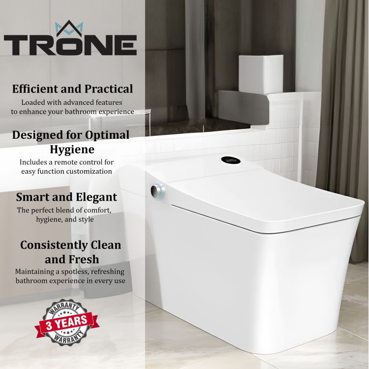 Trone Tahum Smart Bidet Toilet Combo with Toe Touch Sensor, Auto-Open/Close, Digital Display, Heated Seat, Night Light, Auto-Flush, 1.28 GPF, White - STCH