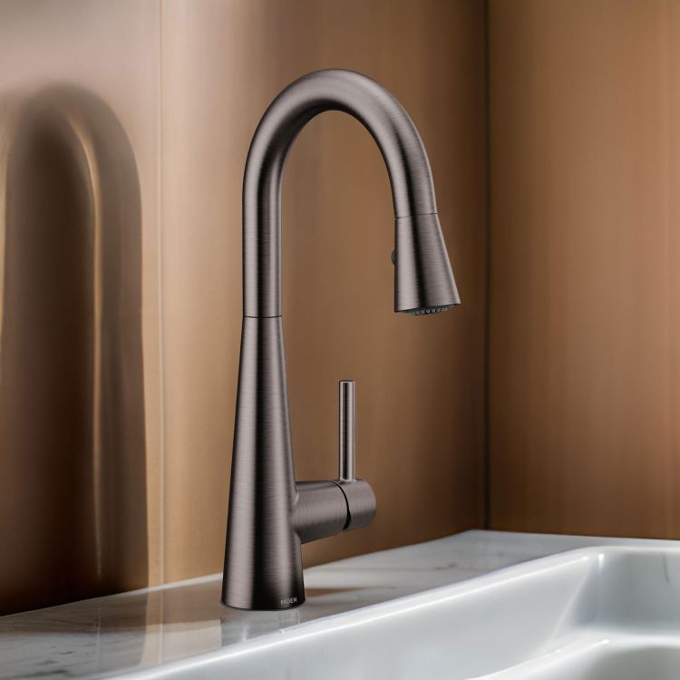 Moen Sleek Single Handle Pull-Down Bar/Prep Faucet, Black Stainless - 7664BLS