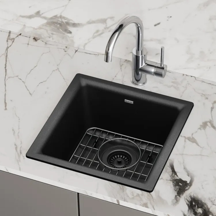 Elkay Quartz Classic Black Bar Sink Kit, 15-3/4in x 15-3/4in x 7-11/16in Dual Mount Single Bowl Sink with Bottom Grid, Drain, and Cleaning Kit - ELG1616BK0C 