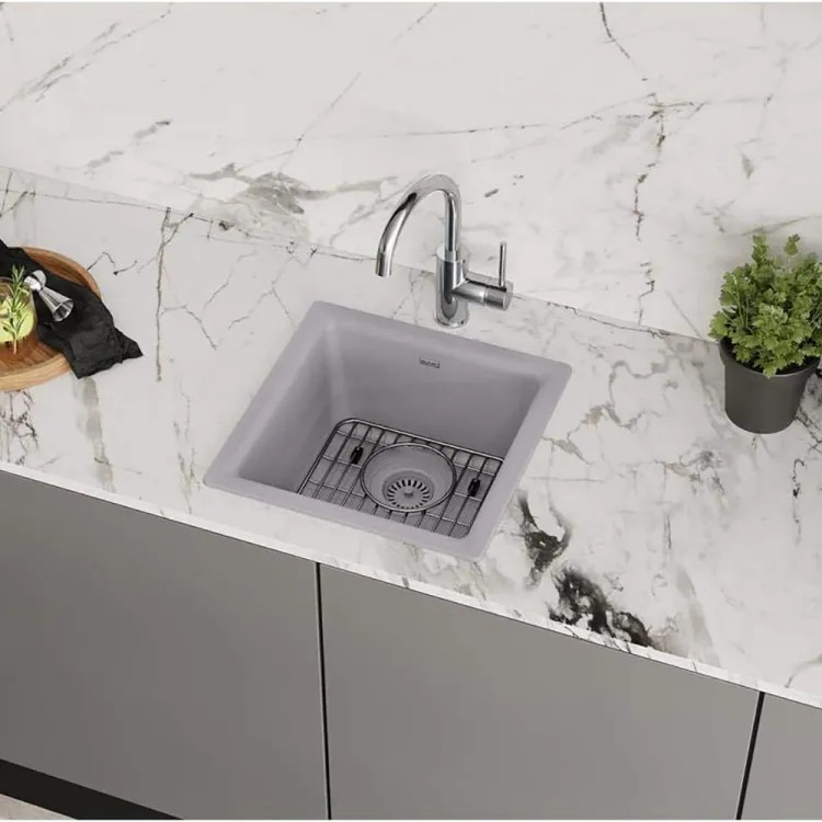 Elkay Quartz Classic Greystone Bar Sink Kit, 15-3/4in x 15-3/4in x 7-11/16in Dual Mount Single Bowl Sink with Bottom Grid, Drain, and Cleaning Kit - ELG1616GS0C 