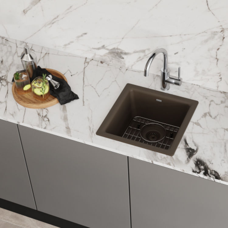Elkay Quartz Classic Mocha Bar Sink Kit, 15-3/4in x 15-3/4in x 7-11/16in Dual Mount Single Bowl Sink with Bottom Grid, Drain, and Cleaning Kit - ELG1616MC0C 