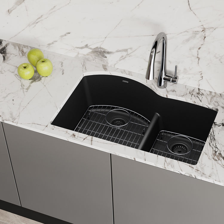 Elkay Quartz Classic Black 33in x 22in x10in Undermount with Rear Center Drain, Double Bowl Aqua Divide Sink with Bottom Grids, Drains, and Cleaning Kit - ELGHU3322RBK0C