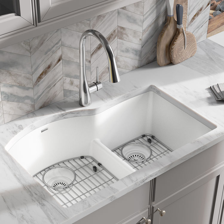 Elkay Quartz Classic White 33in x 22in x10in Undermount with Rear Center Drain, Double Bowl Aqua Divide Sink with Bottom Grids, Drains, and Cleaning Kit - ELGHU3322RWH0C
