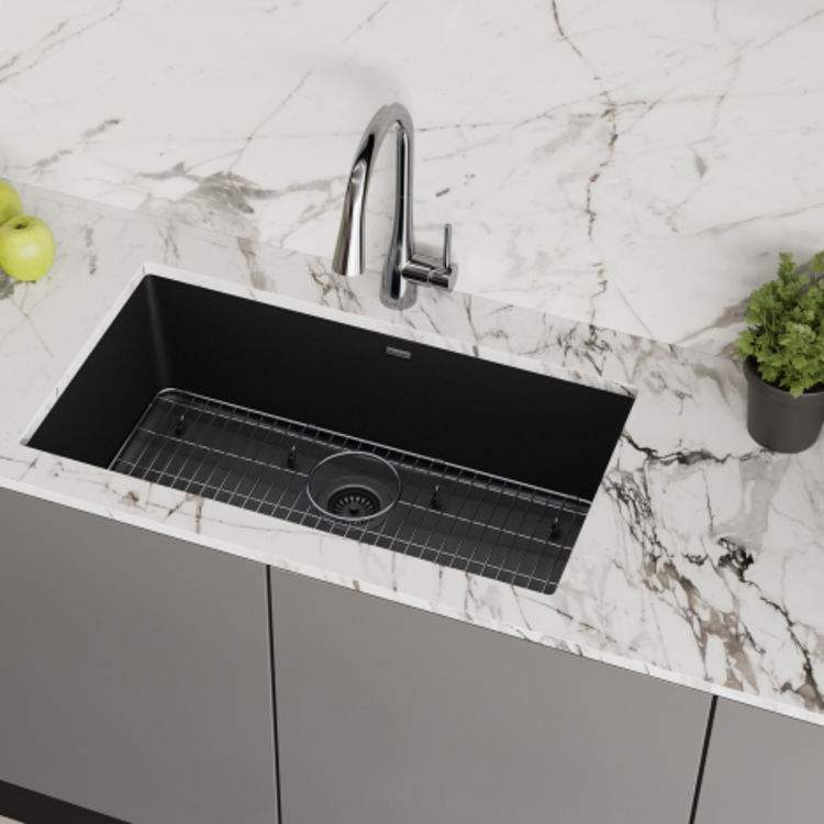 Elkay Quartz Classic Black 33in x 19in Undermount Single Bowl Kitchen Sink Kit with Rear Center Drain, Bottom Grid, Strainer, and Cleaning Kit - ELGRU13322BK0C