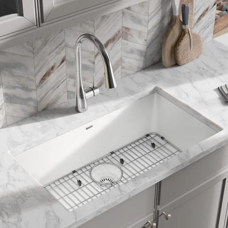 Elkay Quartz Classic White 33in x 19in Undermount Single Bowl Kitchen Sink Kit with Rear Center Drain, Bottom Grid, Strainer, and Cleaning Kit - ELGRU13322WH0C