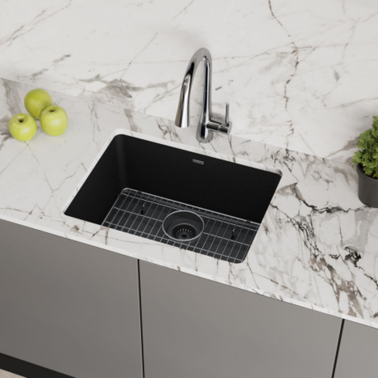 Elkay Quartz Classic Black 25in x 18in Undermount Single Bowl Kitchen Sink Kit with Rear Center Drain, Bottom Grid, Strainer, and Cleaning Kit - ELGU2522BK0C