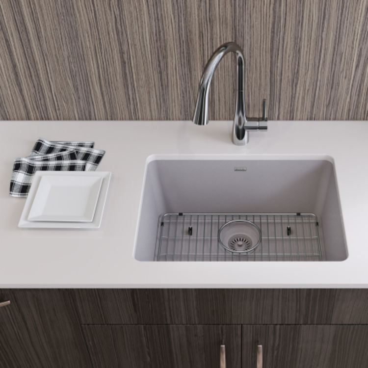 Elkay Quartz Classic Greystone 25in x 18in Undermount Single Bowl Kitchen Sink Kit with Rear Center Drain, Bottom Grid, Strainer, and Cleaning Kit - ELGU2522GS0C