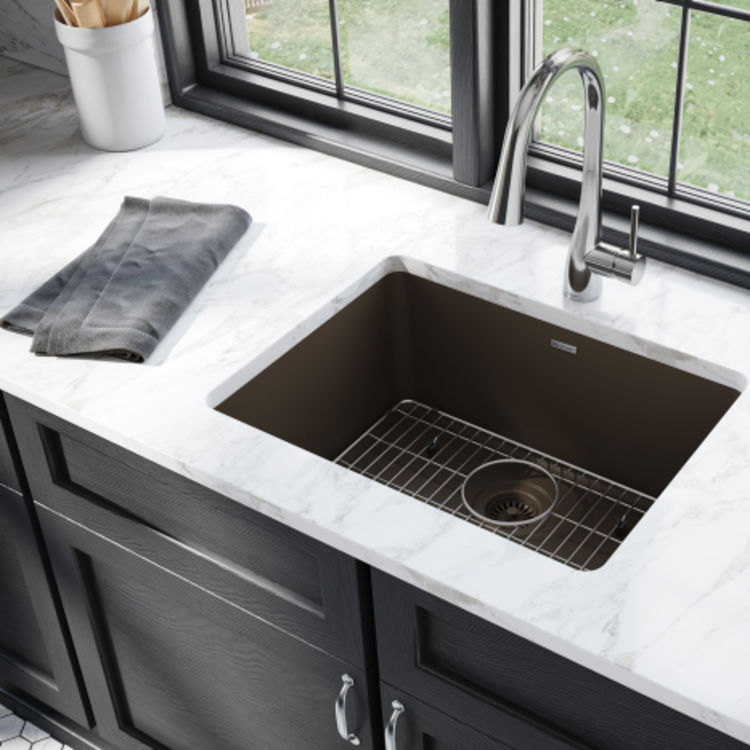 Elkay Quartz Classic Mocha 25in x 18in Undermount Single Bowl Kitchen Sink Kit with Rear Center Drain, Bottom Grid, Strainer, and Cleaning Kit - ELGU2522MC0C
